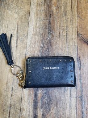 Juicy Couture Black Leather Zip Card Wallet with Tassel